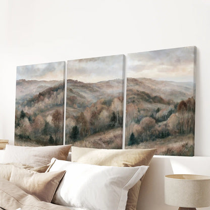 Woodland tree triptych canvas wall art, a 3-piece set for the bedroom, centers the space above the headboard with soft, textured edges.