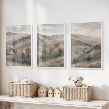 Neutral nature scenery art prints, a three-poster set, hang above the toy organizer in the kids' room, finished in simple white frames.