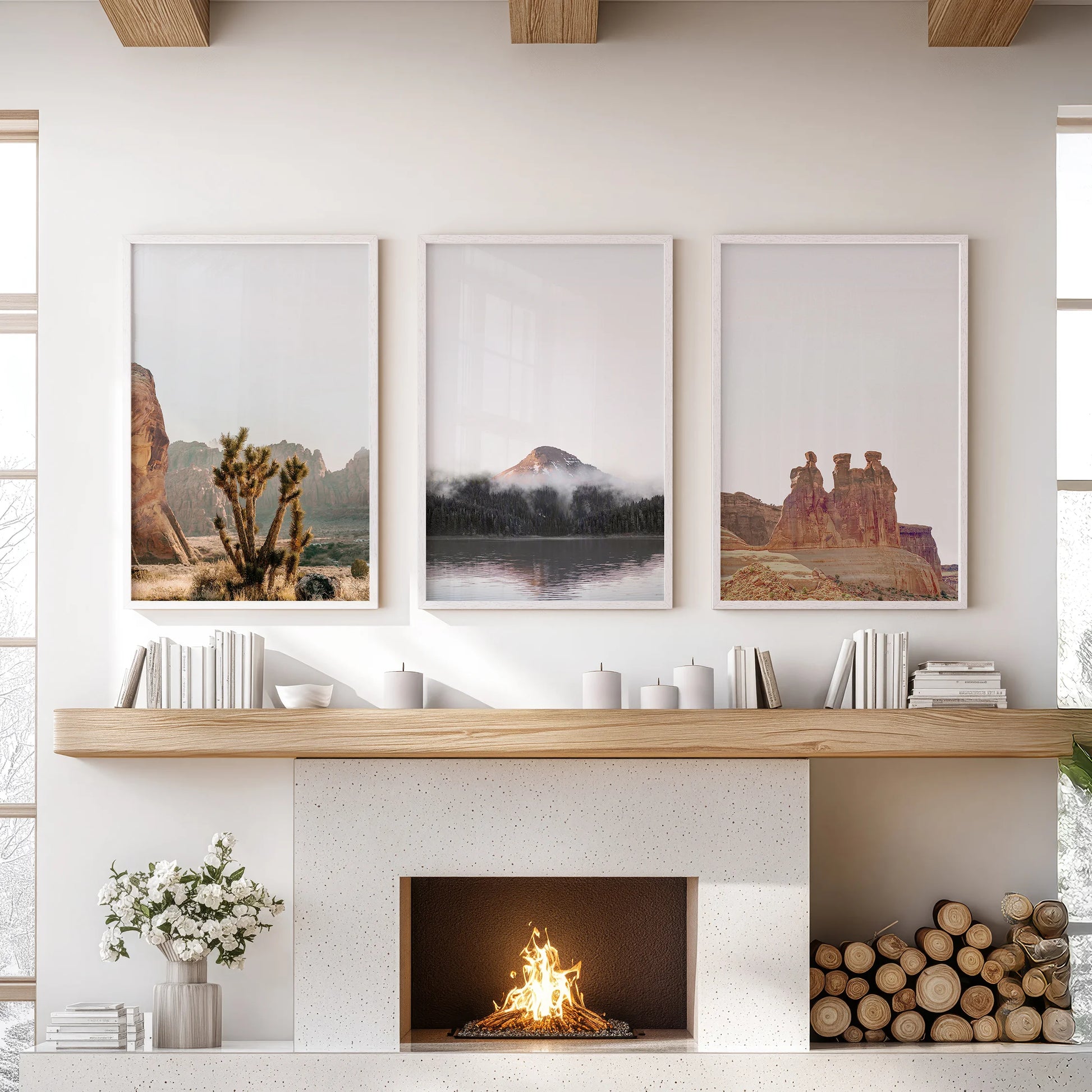 Southwest desert landscape set of 3 wall artworks in white frames anchors the living room, neatly arranged over the mantel.