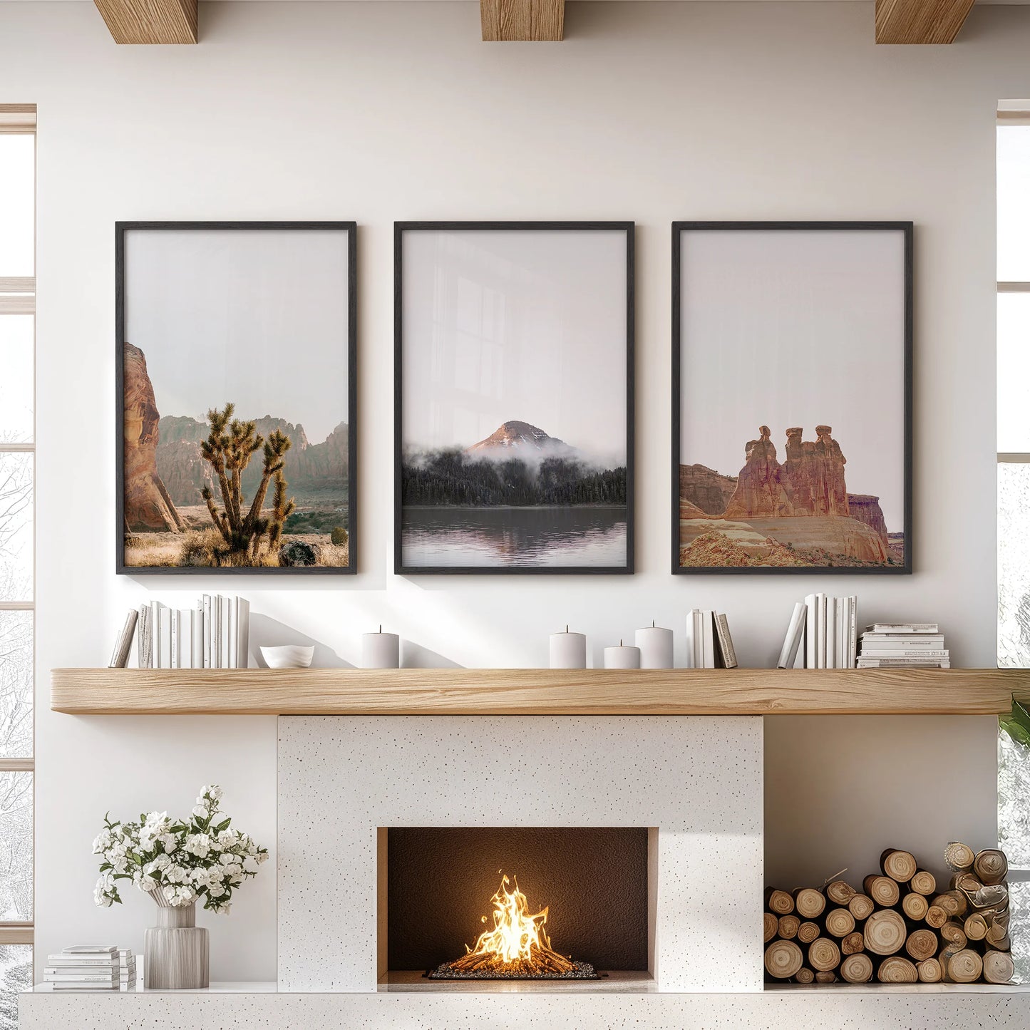 Utah canyon vistas three-piece wall decor set of black-framed prints brings desert drama to the lounge, arranged over the mantel.