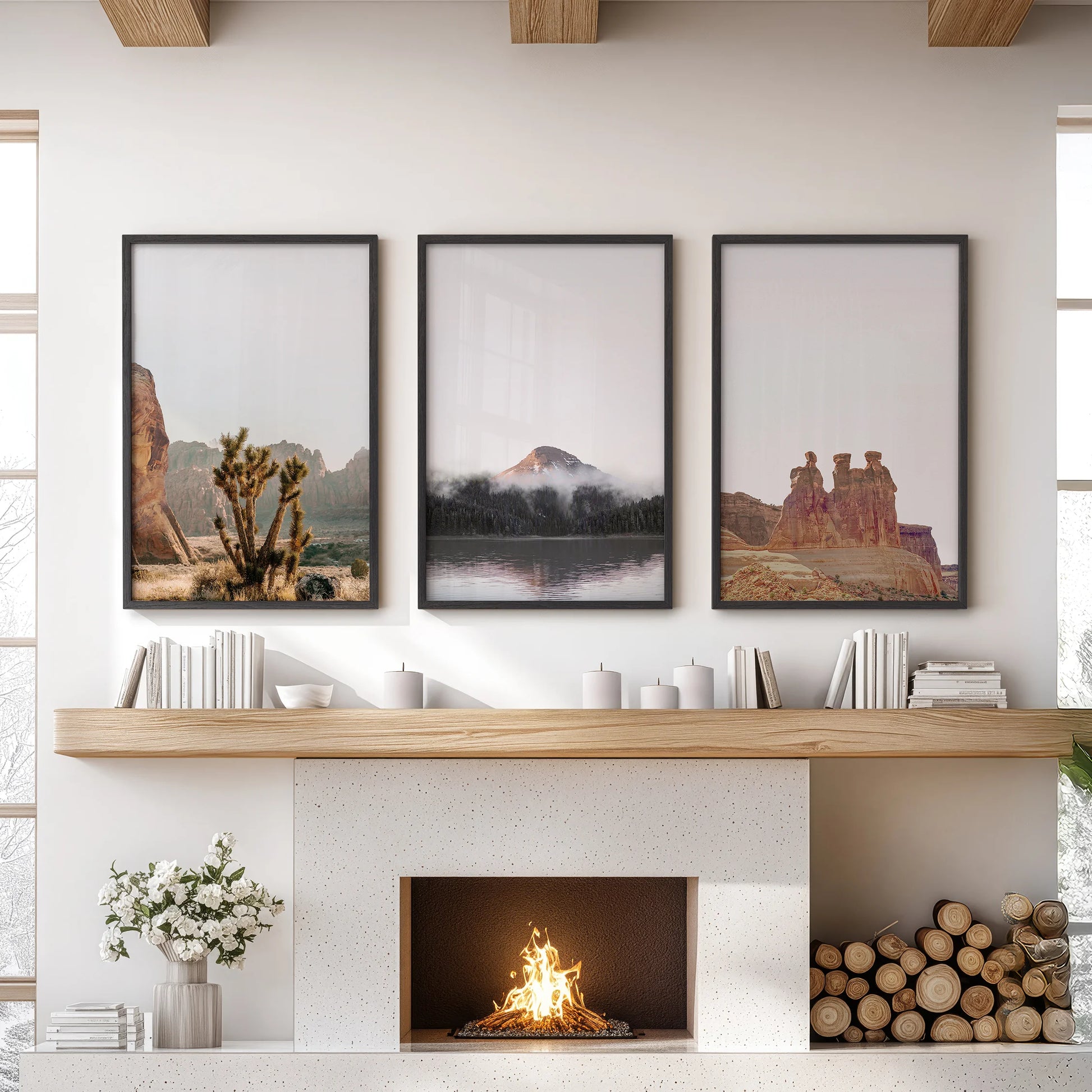 Utah canyon vistas three-piece wall decor set of black-framed prints brings desert drama to the lounge, arranged over the mantel.