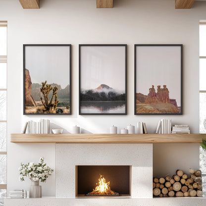 Utah canyon vistas three-piece wall decor set of black-framed prints brings desert drama to the lounge, arranged over the mantel.
