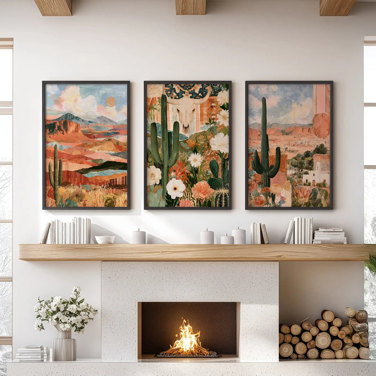 Saguaro cactus wall art set of three anchors the lounge, black framed and arranged over the hearth with sunlit desert tones and open-sky vistas.
