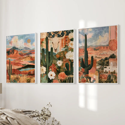 Three Western desert landscape wall prints bring soft horizons to the bedroom, hanging beside the bed in clean white frames for a light touch.