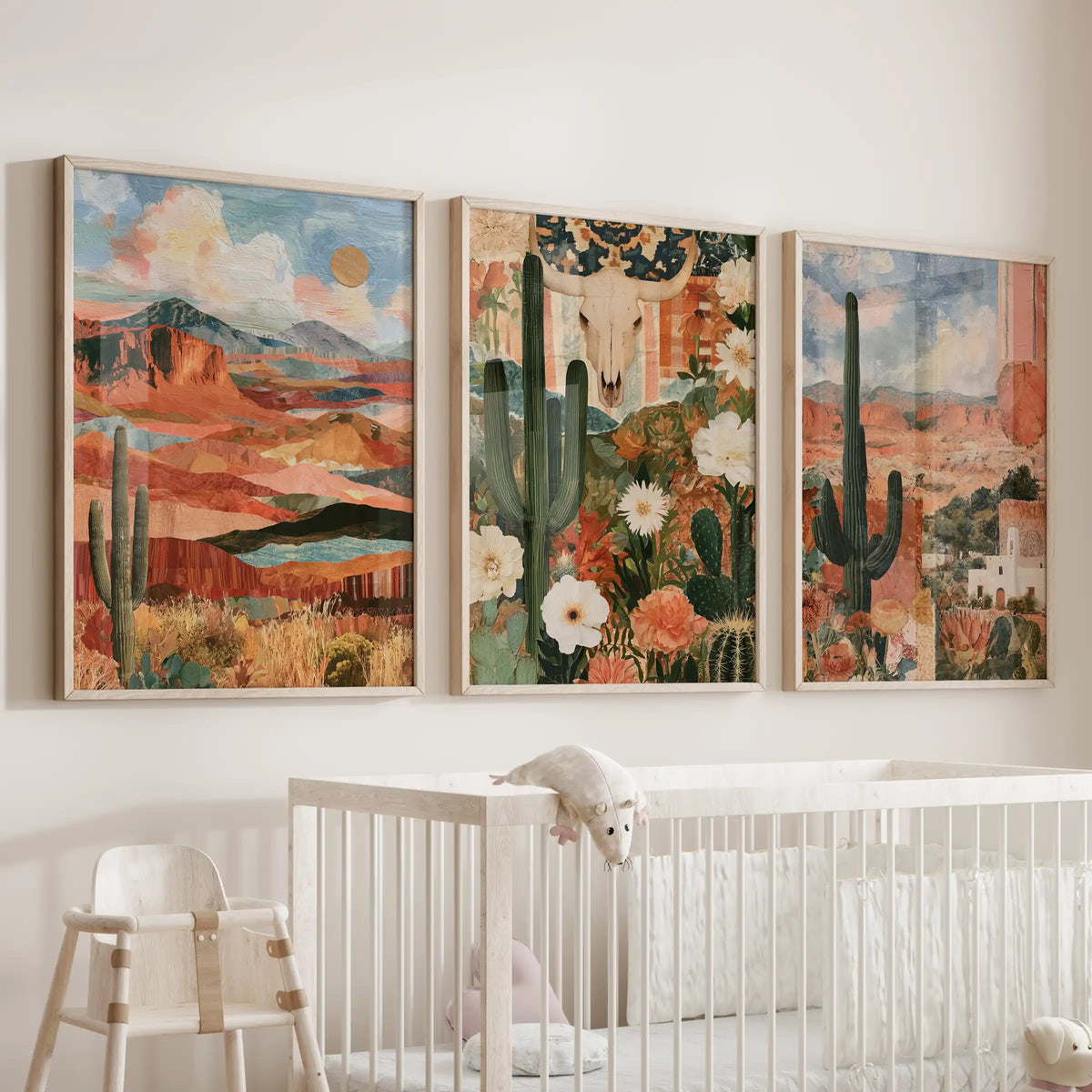 California desert scenery three-piece print set floats above the nursery crib, thin wood framed to keep the airy sands and pastel skies feeling light.