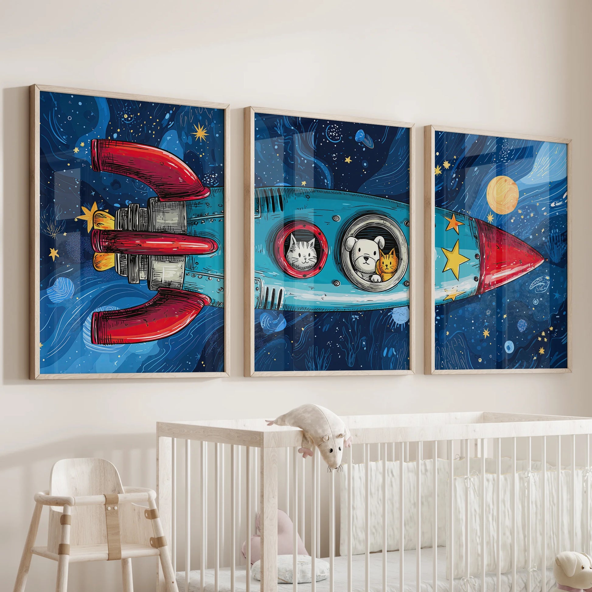 Three small spaceship art prints framed in oak hover above the baby’s crib, adding gentle adventure to the nursery wall.