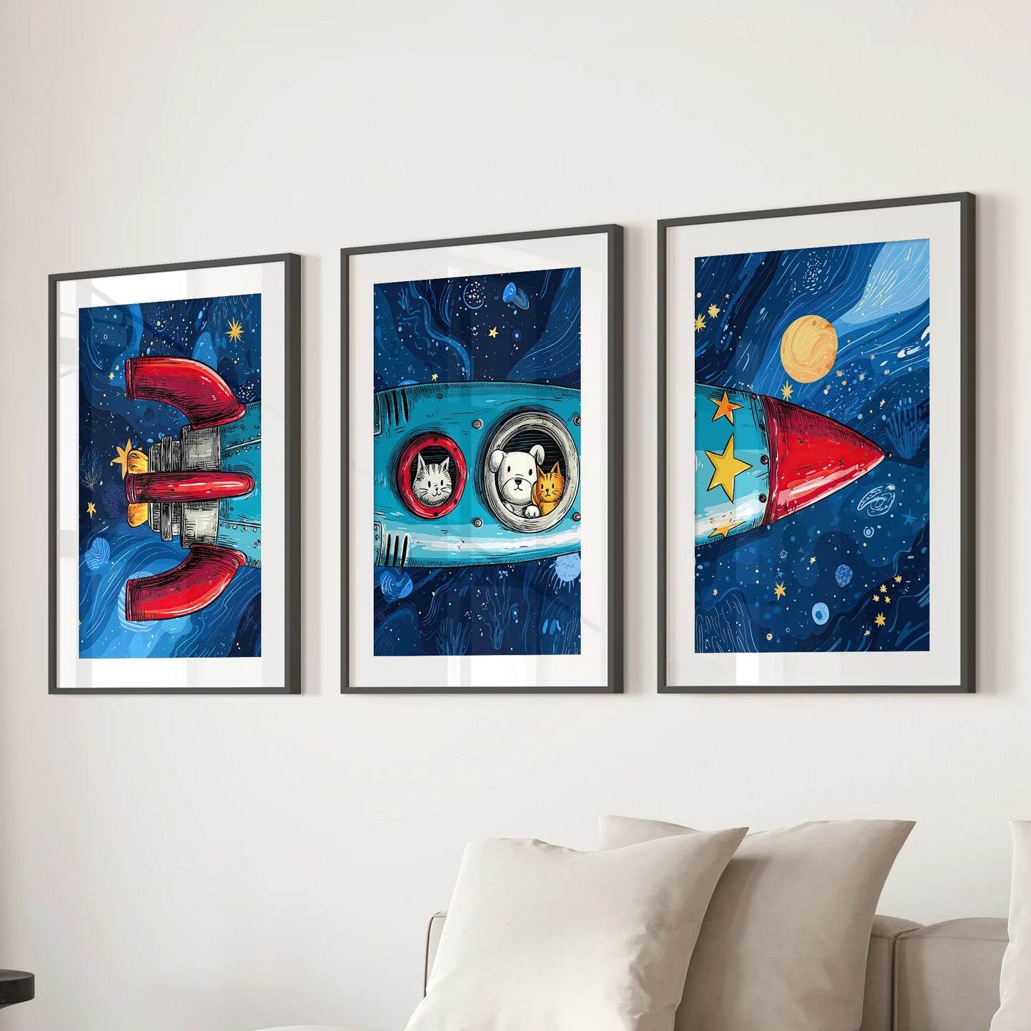 Rocket ship art prints in a coordinating trio add lively energy above the family-room sectional, matted and framed in classic black.
