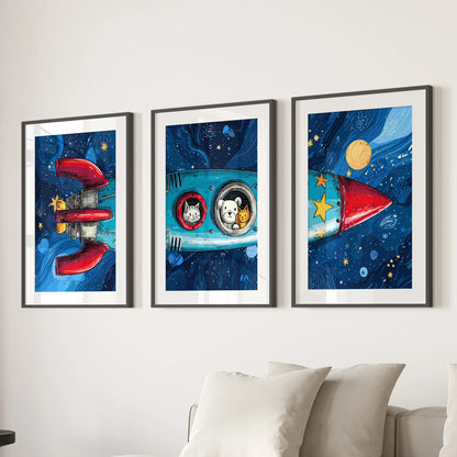 Rocket ship art prints in a coordinating trio add lively energy above the family-room sectional, matted and framed in classic black.