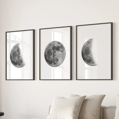 Celestial moon posters three-poster wall art set in black frames anchors the lounge, floating over the sofa with crisp, space-inspired detail.