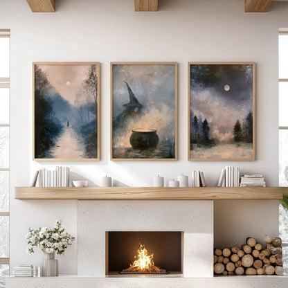 Gothic night landscape set of 3 wall art prints in natural oak frames, arranged over the hearth to bring a dusky, enchanted mood to the sitting room.