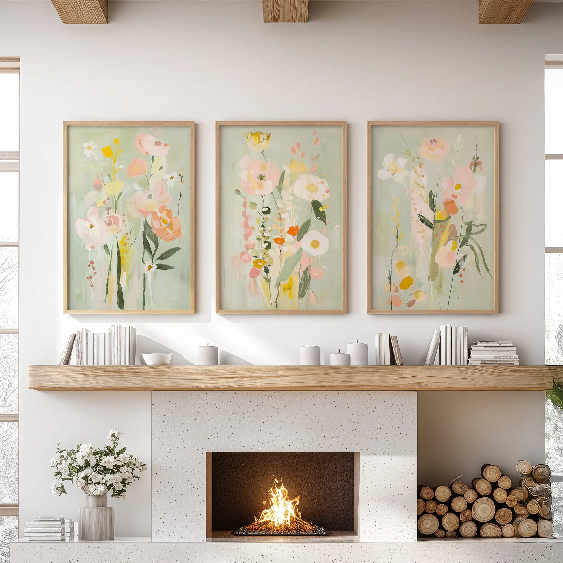 Spring wildflower botanicals, a three-panel wall decor set, grace wooden frames over the mantel in the living room.