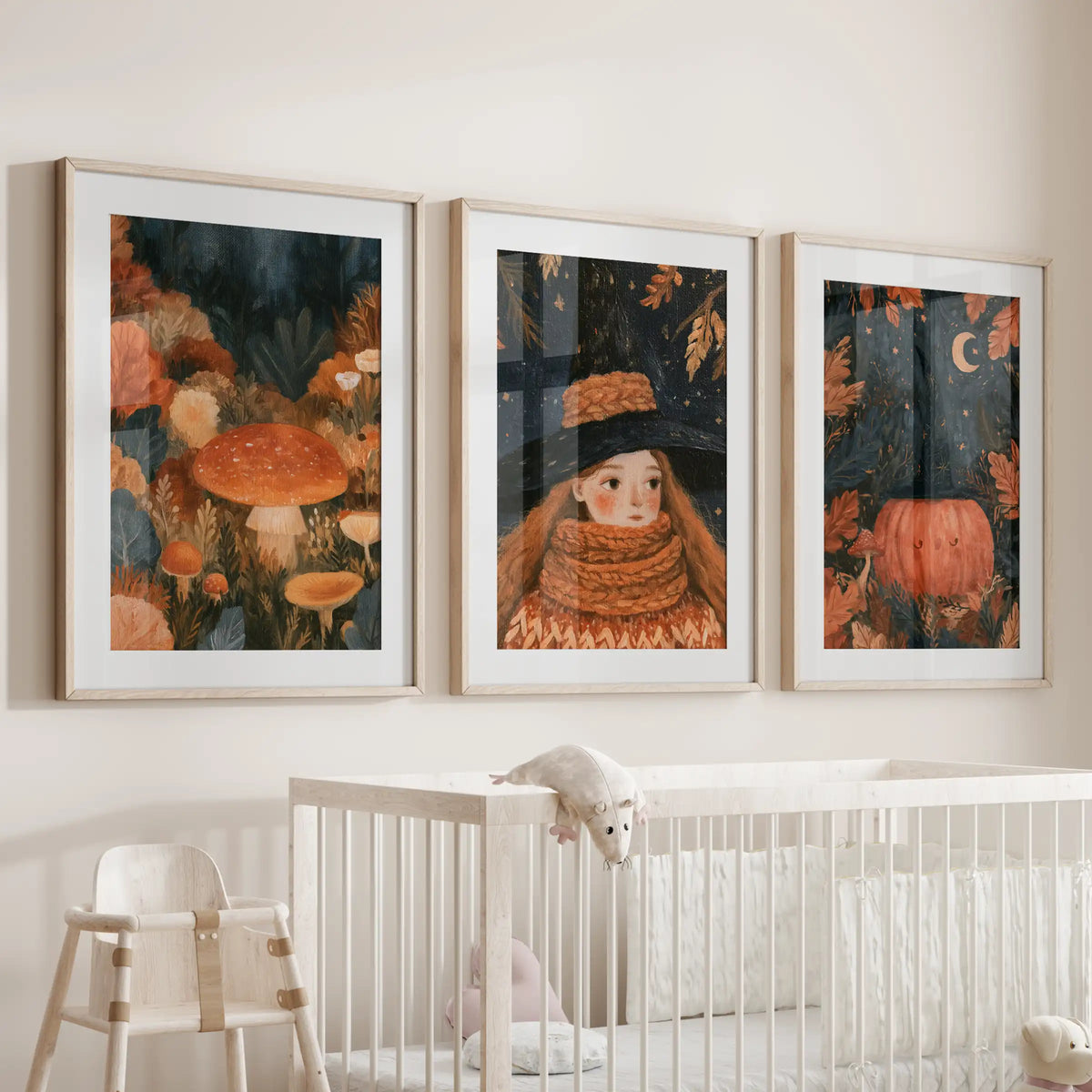 Mushrooms and pumpkins print trio in oak frames with mats makes sweet nursery wall art, arranged over the crib with warm autumn tones.