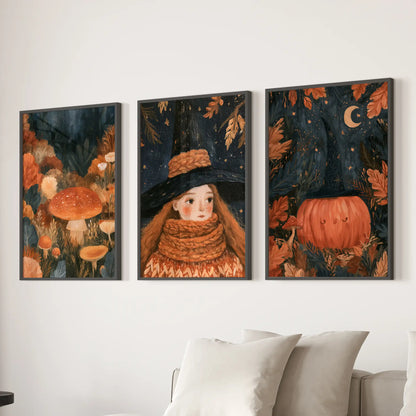 Moody fall woodland set of three art prints adds quiet drama behind the couch in the living room, finished in sleek black frames.