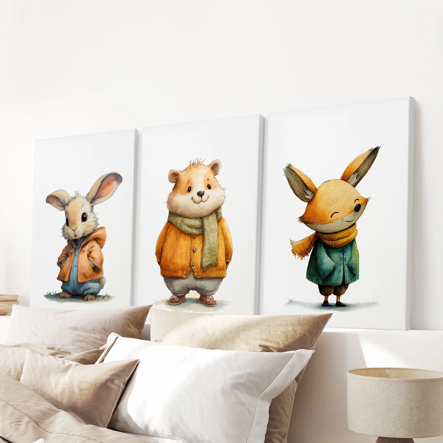 Whimsical animal friends three-panel canvas wall art, a wrapped print set, sits over the headboard to tie the bedroom together.
