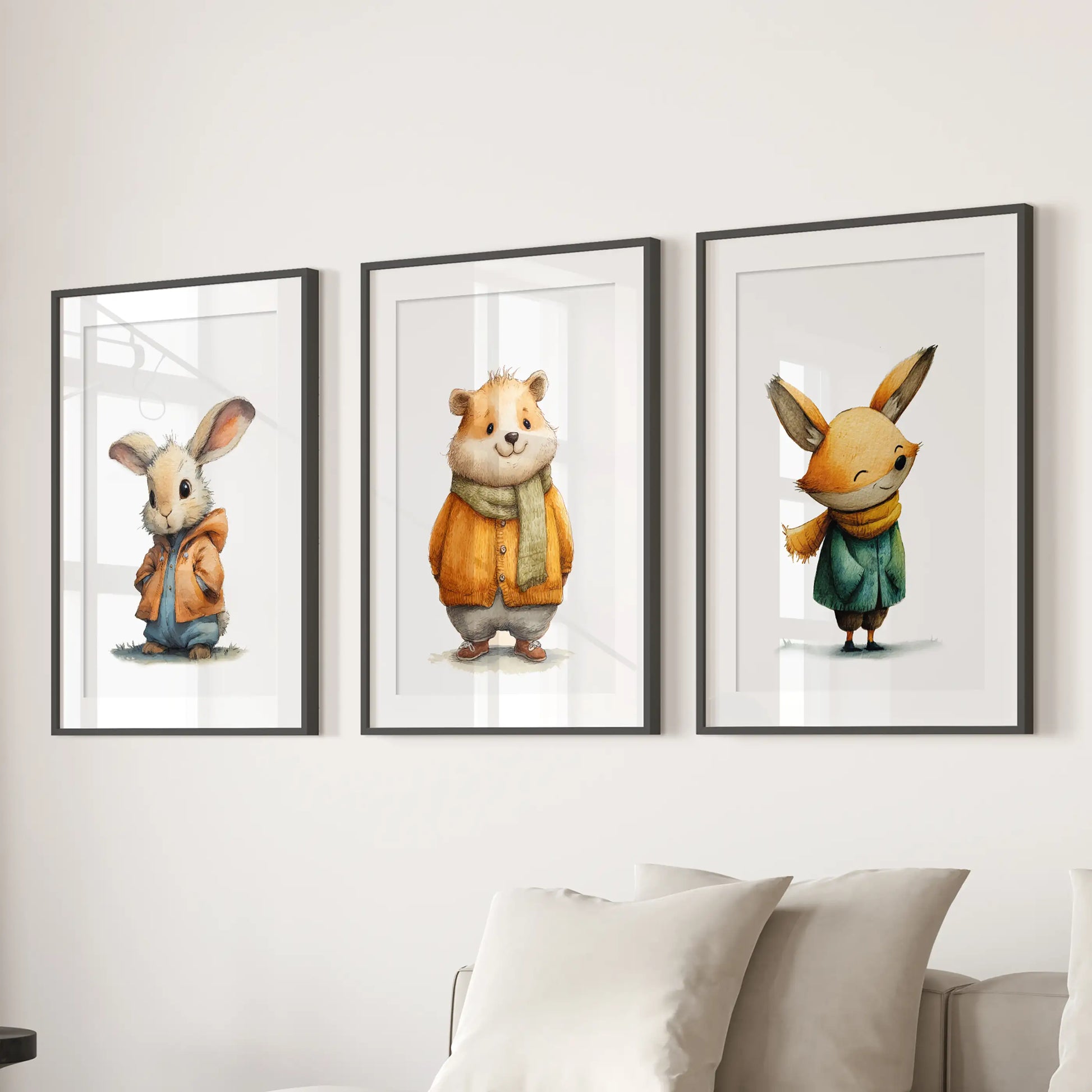 Bunny, teddy bear, and fox three-print wall art set, matted in black frames, hangs over the family-room sectional with a soft, storybook charm.