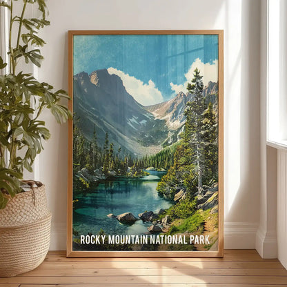 Colorado mountain range vista gallery wall print in an oak frame, propped on the bedroom floor against the wall for an easy, relaxed display.