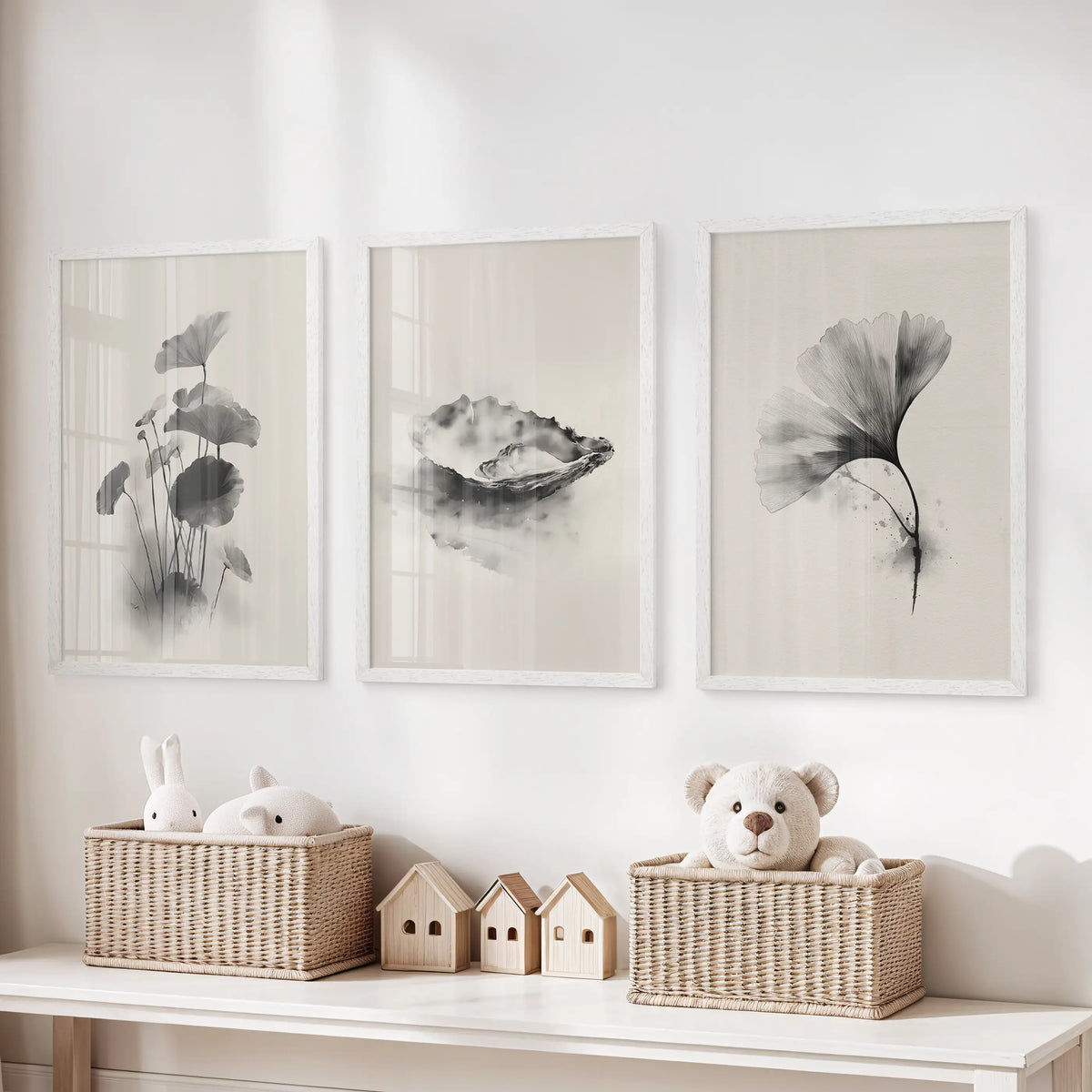 Japanese Botanical Art Set of 3 | Vintage Black Flowers, Ginkgo Japanese Botanical Art Set of 3 | Vintage Black Flowers, Ginkgo