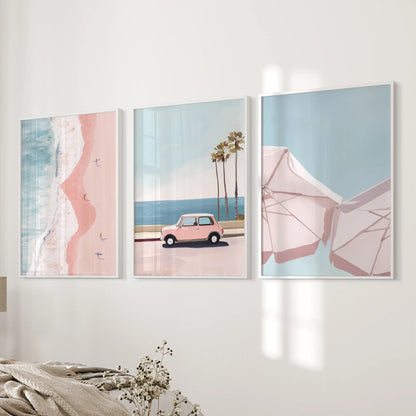 Pink coastal beach scenes, 3 wall art prints in crisp white frames, soften the near-bed wall and set a relaxed tone in the bedroom.