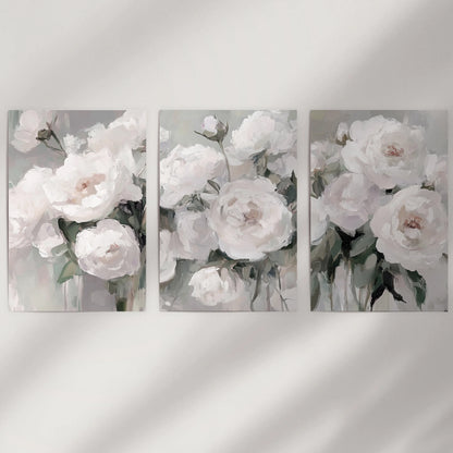 A 3-piece peony wall art set arrives unframed in a tube, ready to fill empty walls with layered botanicals and soft greens.