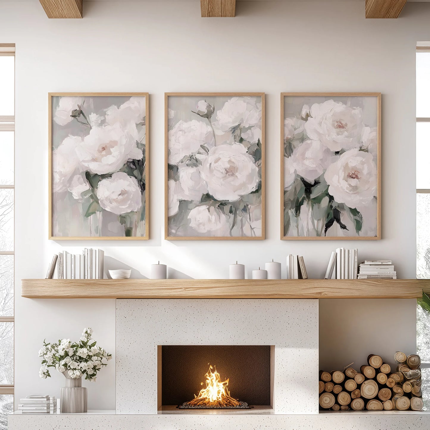 In light-wood frames, three floral prints brighten the mantel wall, their sunlit petals adding warmth and organic texture to the living room.