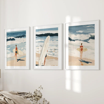Ocean wave triptych, three-piece wall art set with white-matted frames, settles the bedroom wall with soft, tidal blues.