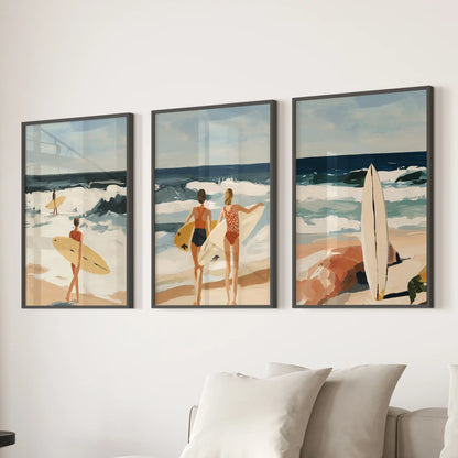 Black-framed beach scene prints, a set of three, rest above the sectional in the living room and evoke an easy, sun-washed coastal tone.
