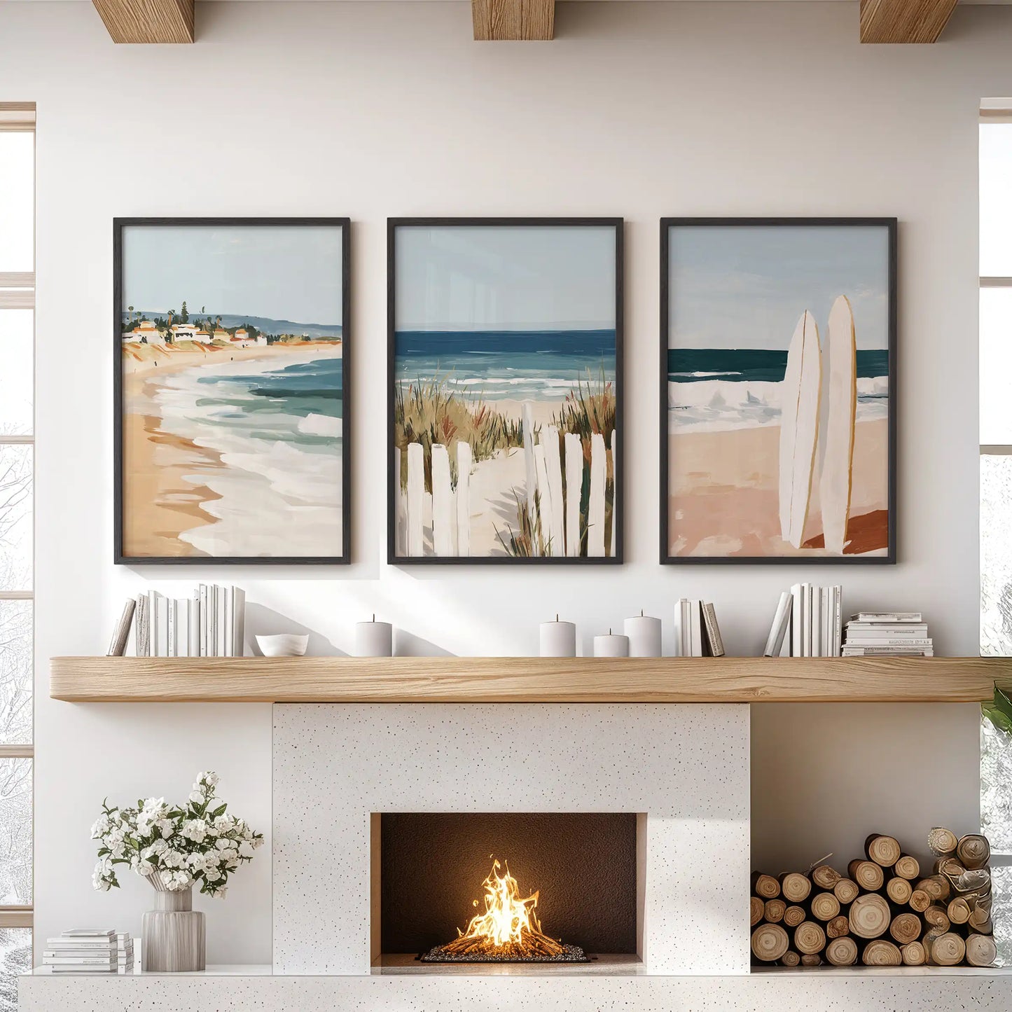 Three black-framed ocean landscape prints form a calming wall art set above the sitting room mantel for a balanced, coastal focal point.