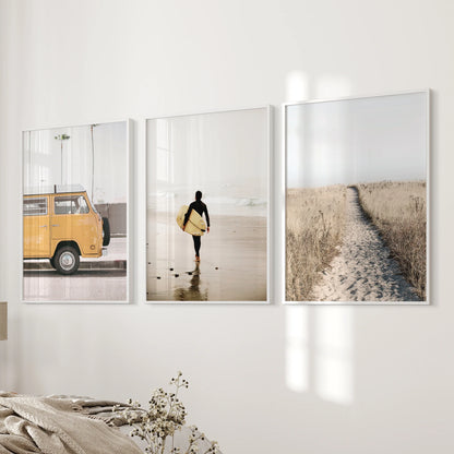Yellow beach van 3-piece wall art in white framed prints brightens a bedroom near the bed wall, bringing warm, road-trip charm to the space.