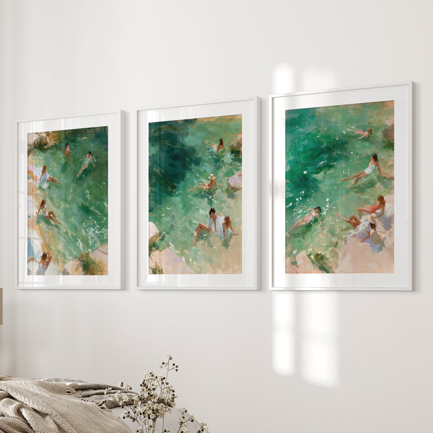 Mediterranean Beach Set of 3 Prints. Ocean Swimmer Wall Art