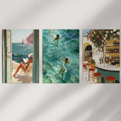 Mediterranean beach landscapes, three-print wall poster set, presented on a simple wall as airy, unframed art for a fresh coastal accent.