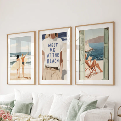 Surf girl on the beach, a set of 3 wall art prints matted in natural oak frames, placed behind the couch in the lounge for an effortless, sun-kissed touch.