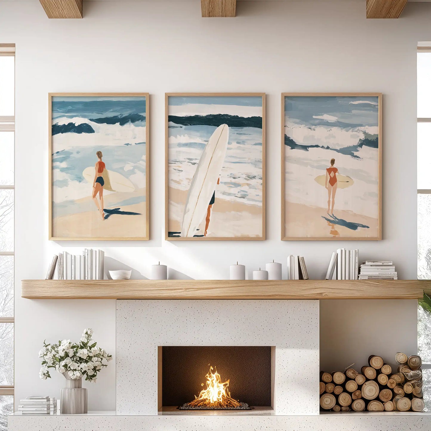 A trio of ocean-wave posters in natural oak frames crowns the living room mantel with calm rolling motion.