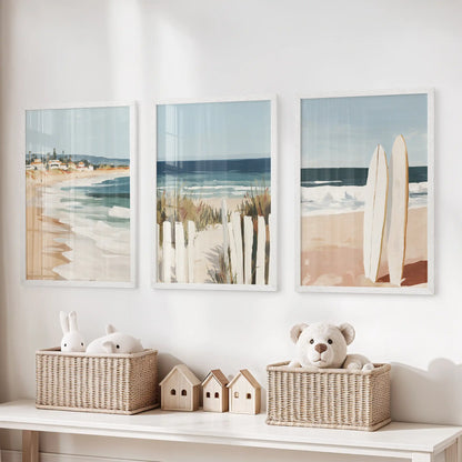Rolling-wave wall art in three white-framed pieces hovers above the toy storage, giving the kids’ playroom an easy coastal breeze.