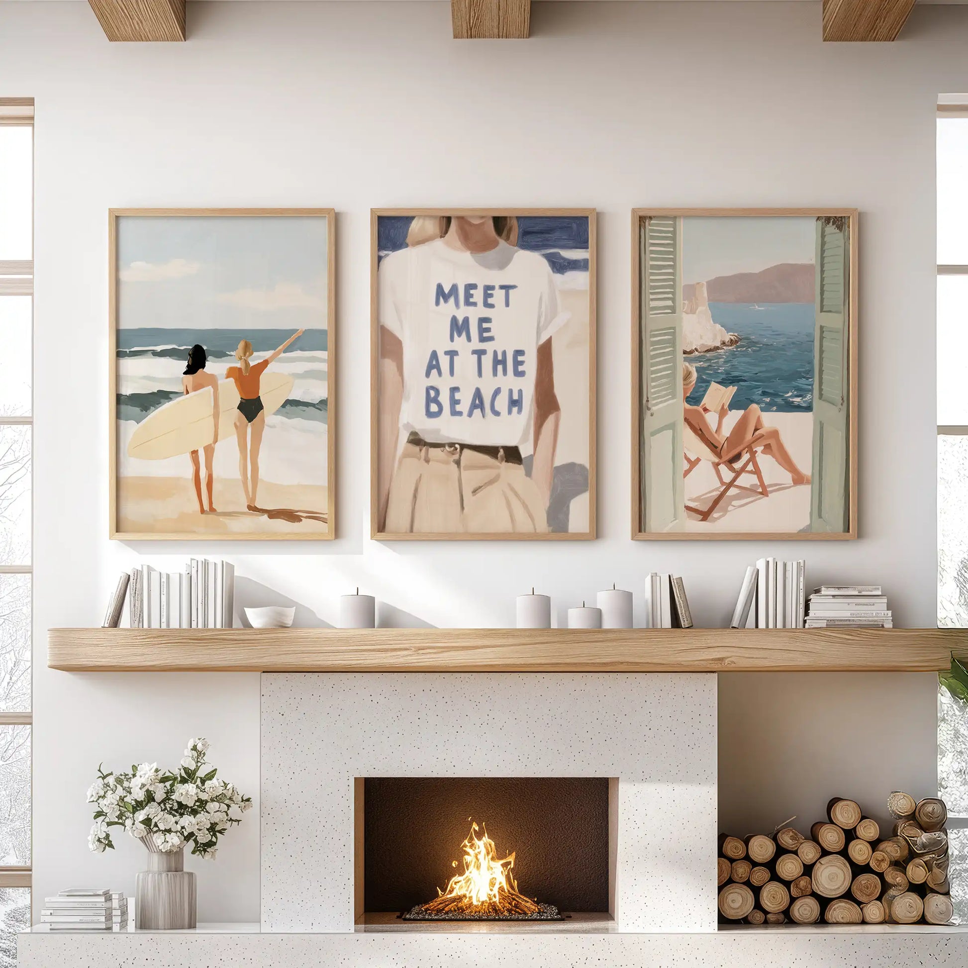 Coastal resort lifestyle scenes, a 3-piece art print set styled in the living room above the fireplace mantel with warm natural oak frames for depth.
