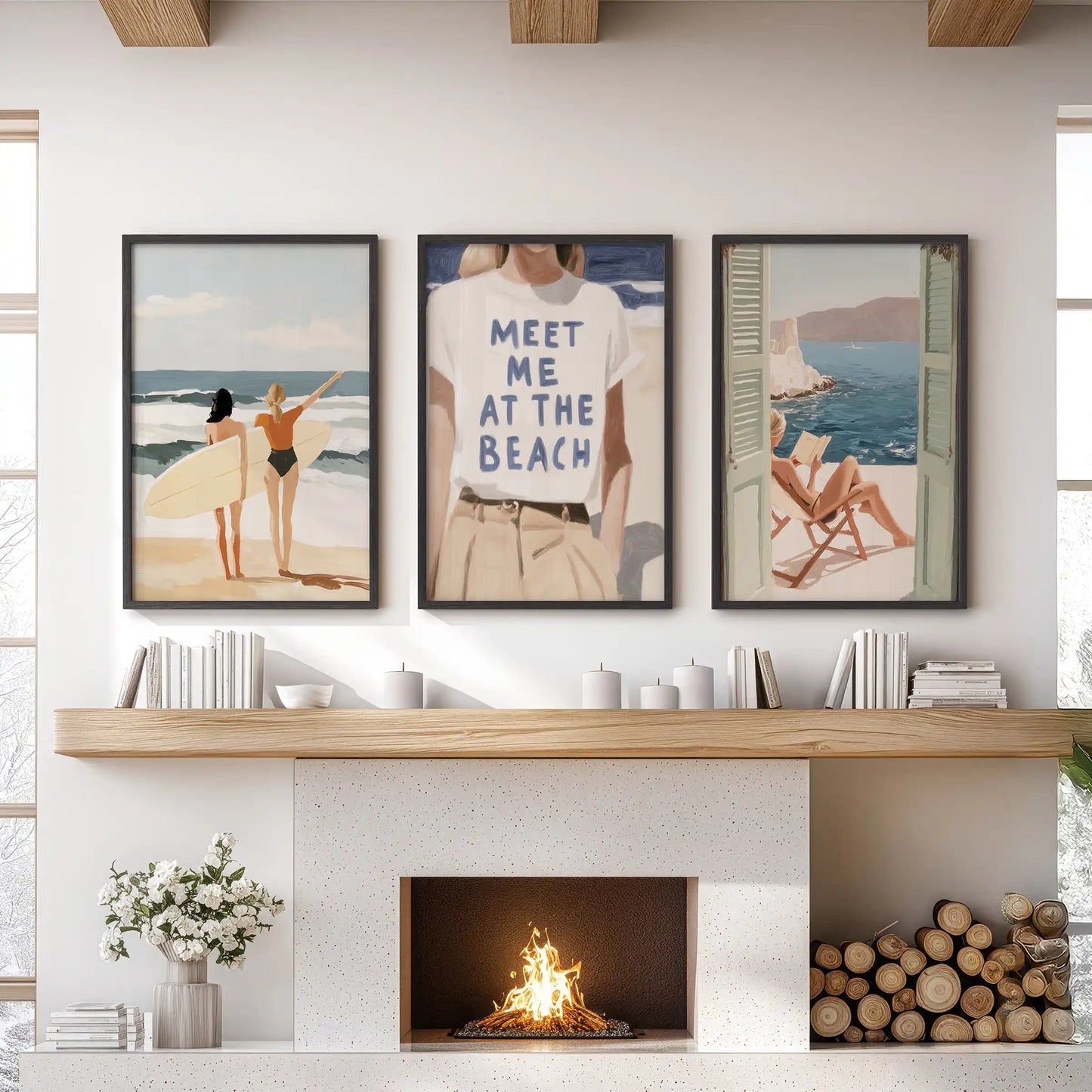 Surf girl on the beach, a gallery wall of 3 prints for the sitting room, hung above the fireplace in slim black frames to set an easy coastal mood.