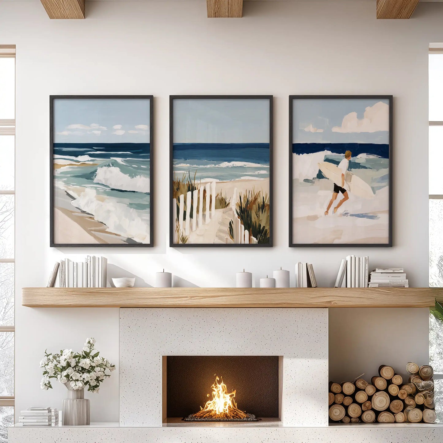 Three-piece ocean wave wall art in sleek black frames adds motion above the mantel, giving the living room a cool coastal rhythm.