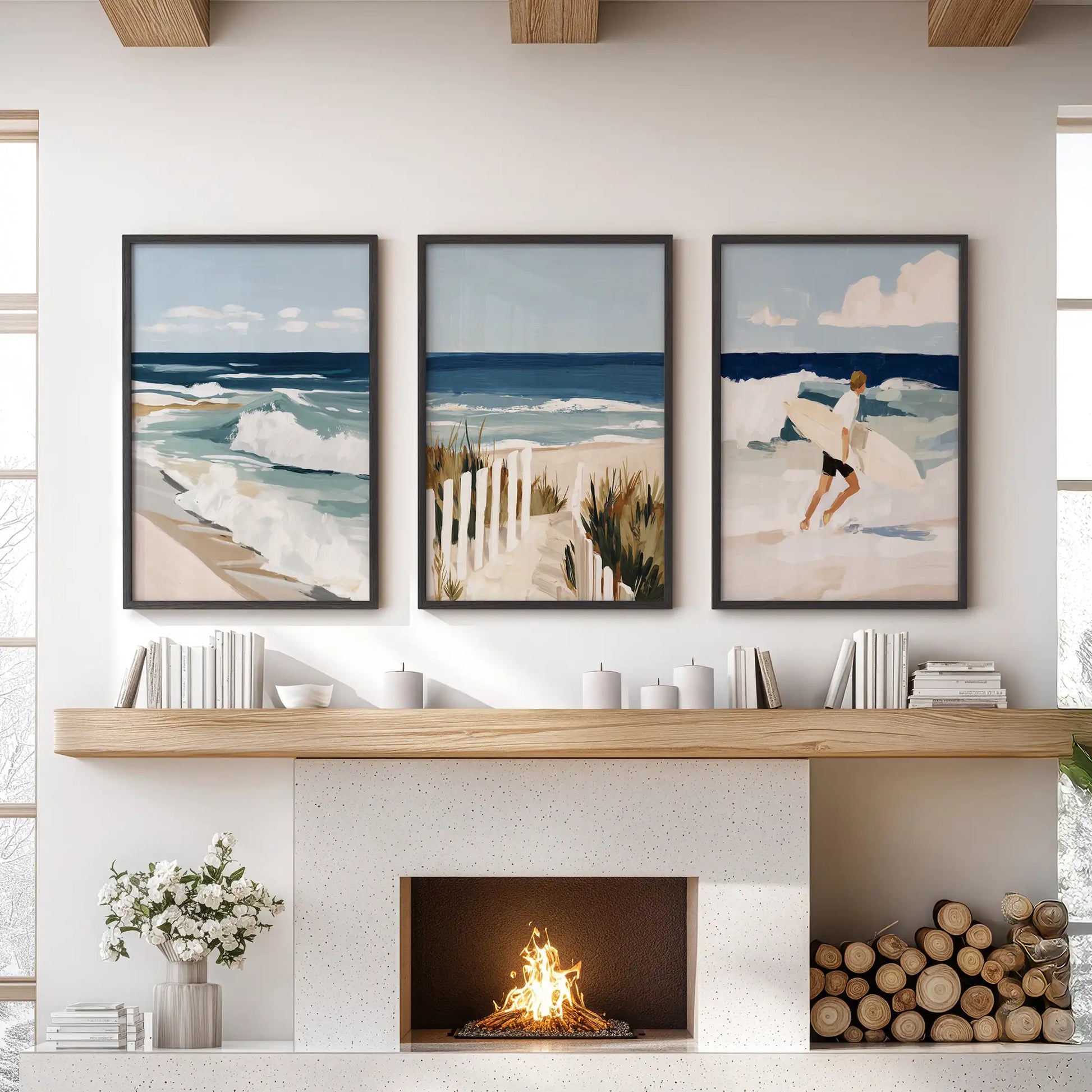 Three-piece ocean wave wall art in sleek black frames adds motion above the mantel, giving the living room a cool coastal rhythm.