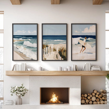 Three-piece ocean wave wall art in sleek black frames adds motion above the mantel, giving the living room a cool coastal rhythm.