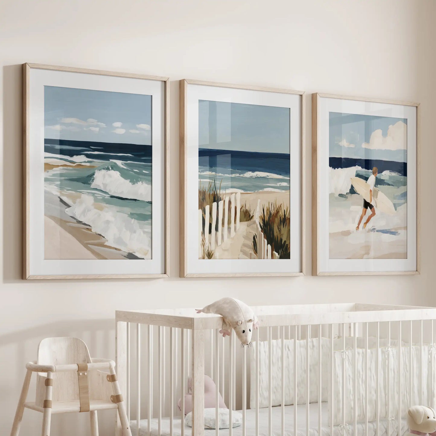 Ocean wave art, wall art 3 set, softens the baby nursery in oak frames with mats, placed above the crib with hush-blue movement.