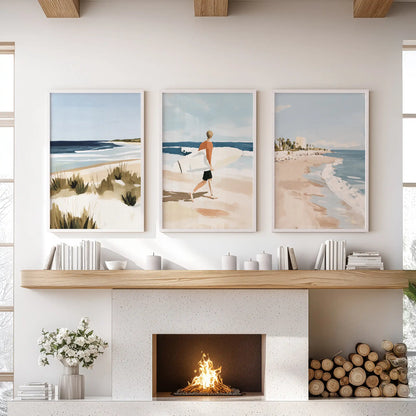 Three surfer artworks in white frames ride above the living-room fireplace, infusing the area with an easy coastal tempo.