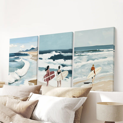 Seaside seascape three-piece gallery-wrapped wall art, arranged over the bed to create a clean, modern coastal focal point.