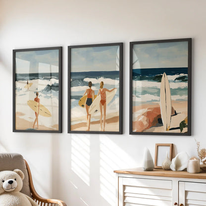 Three black-framed surfing prints top the playroom chest of drawers, filling the space with lighthearted surf energy and seaside warmth.
