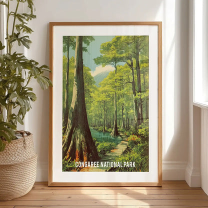 Swamp forest cypress trees large wall art, matted and set in a black frame, rests on the bedroom floor against the wall, dense greens ready to hang.