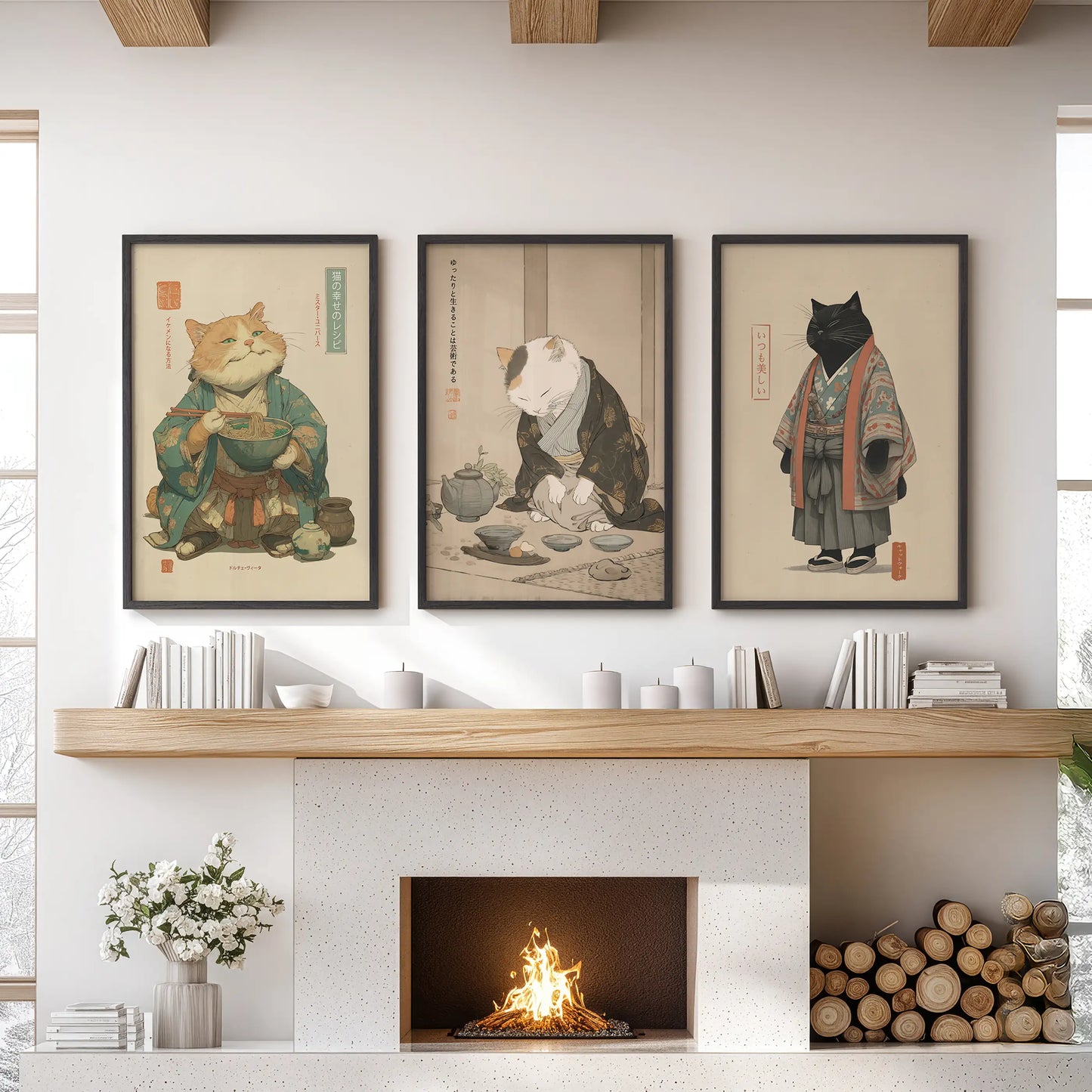 Three black-framed wall posters of a Japanese tea ceremony cat hang above the family-room mantel, adding a handcrafted Japandi warmth.