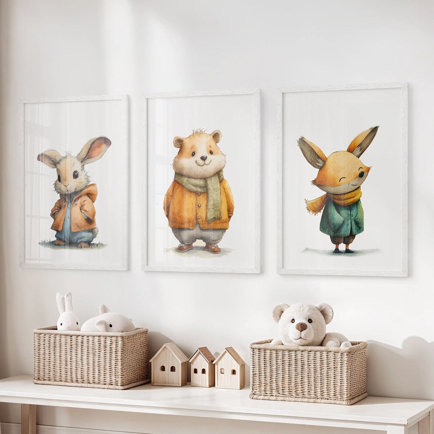 Storybook critters three-piece art set in clean white frames brightens a children’s room, displayed over the toy organizer.
