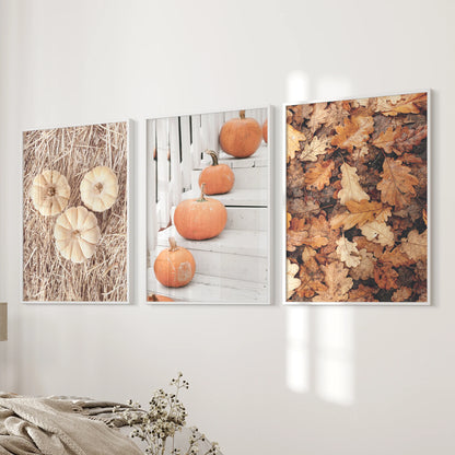 Three white-framed harvest prints rest beside the bed, giving the bedroom a gentle season’s touch of pumpkins and muted fall color.