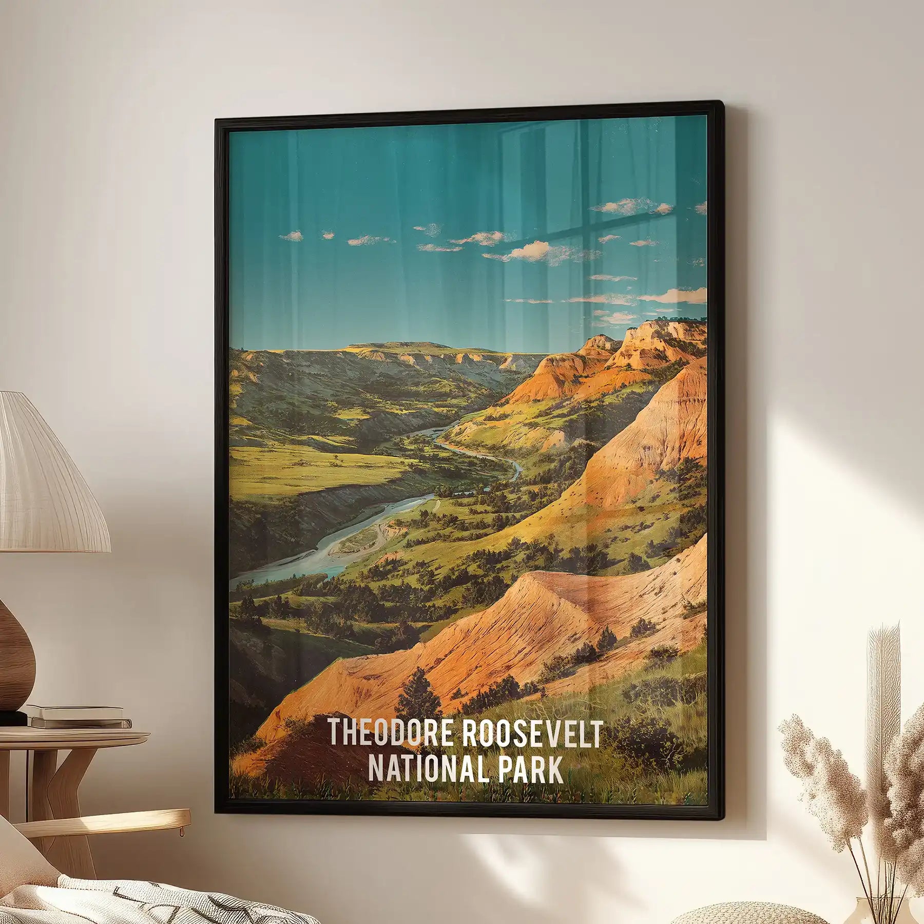 Black-framed wall art of Theodore Roosevelt National Park badlands anchors the family room, hanging beside a window chair with understated drama.