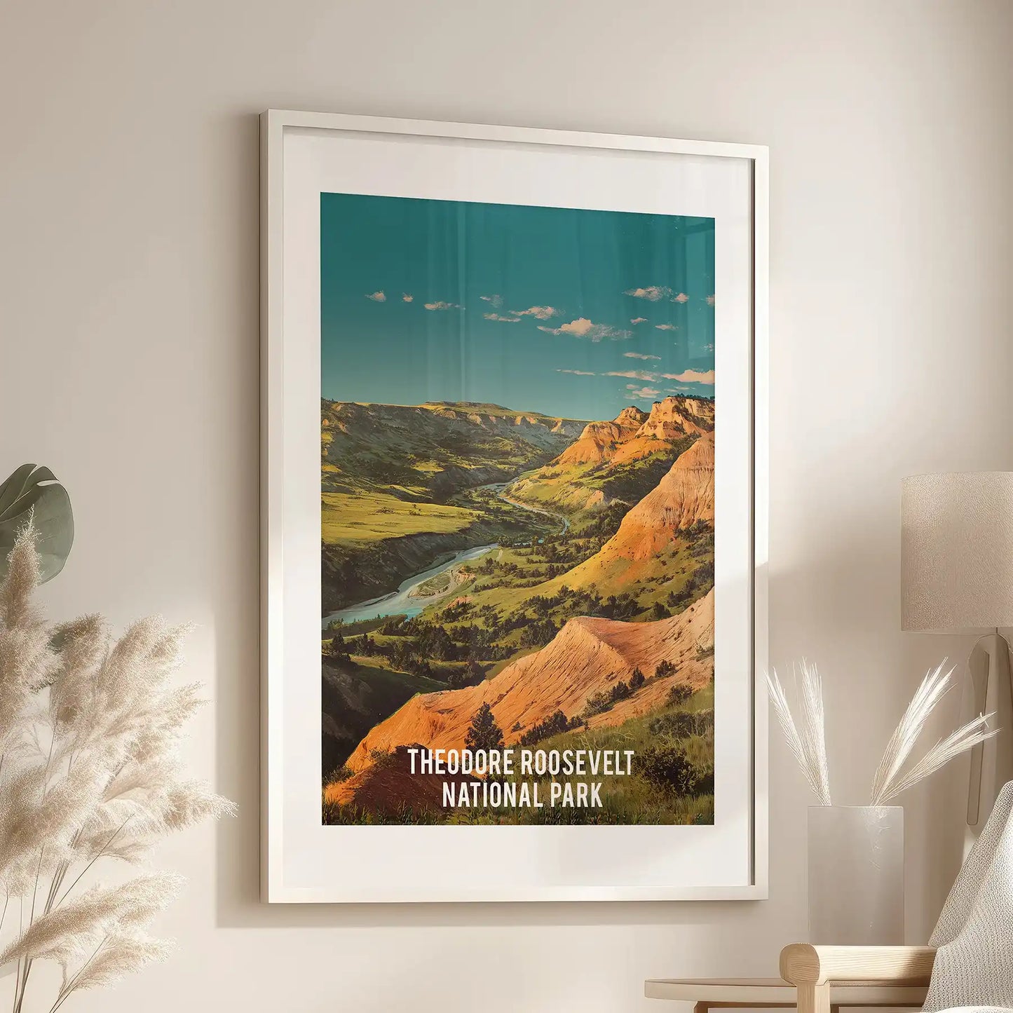 Burnt orange and green desert hills picture print lends warmth to the living room, mounted above the lounge seat with a crisp white mat and frame.