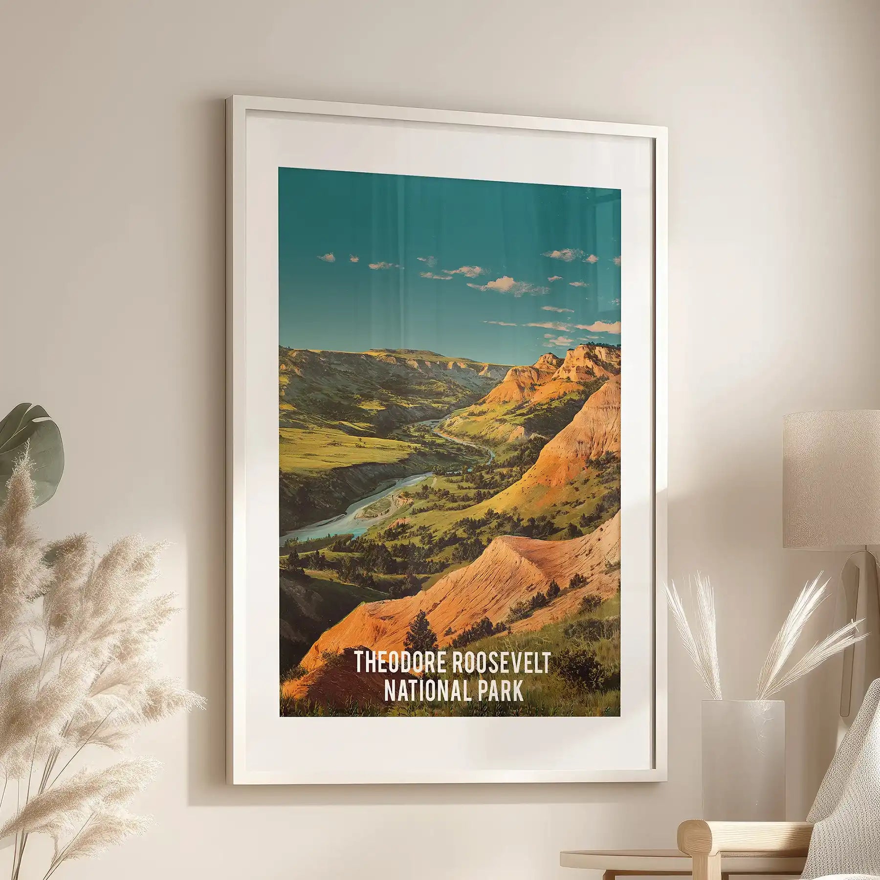 Burnt orange and green desert hills picture print lends warmth to the living room, mounted above the lounge seat with a crisp white mat and frame.