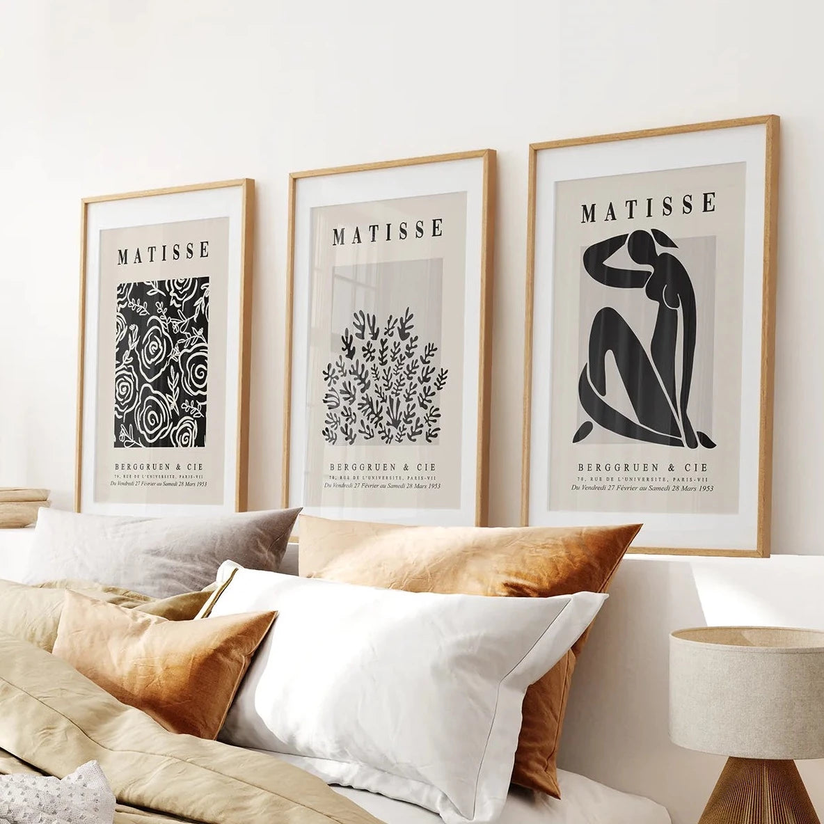 Matisse Gallery Exhibition Wall Posters Art. Thin Wood Frames with Mat Over the Bed.